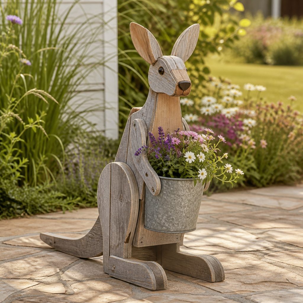 Weathered Cottage Kangaroo shown as a square photorealistic cedar garden planter filled with cottage flowers