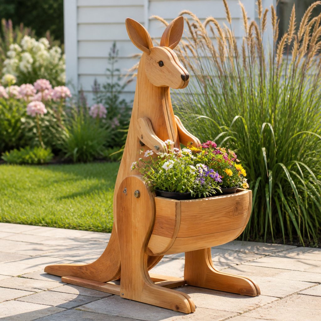 Kangaroo with Twin Pouch Pots shown as a square photorealistic cedar garden planter filled with cottage flowers
