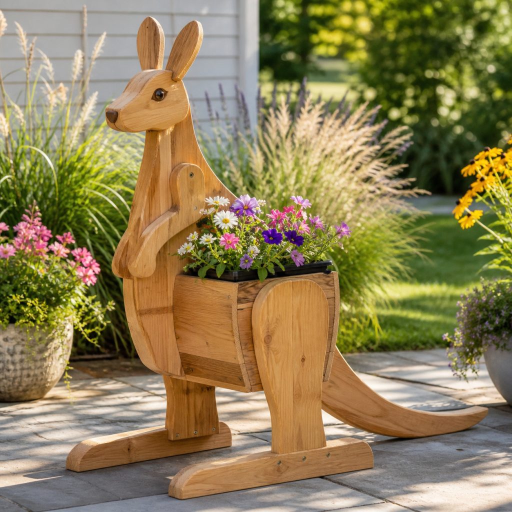 Young Kangaroo on Base Rails shown as a square photorealistic cedar garden planter filled with cottage flowers