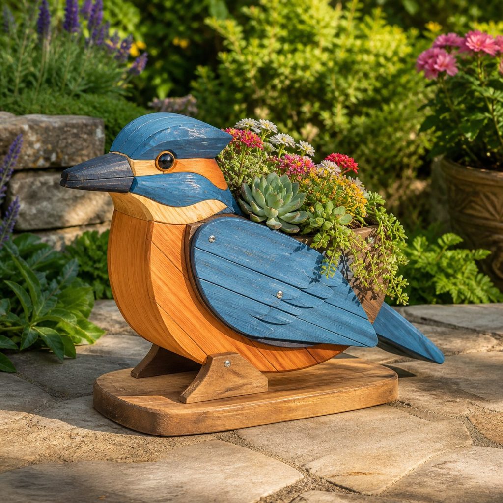 Compact Succulent Kingfisher shown as a square photorealistic cedar kingfisher-shaped garden planter filled with flowers