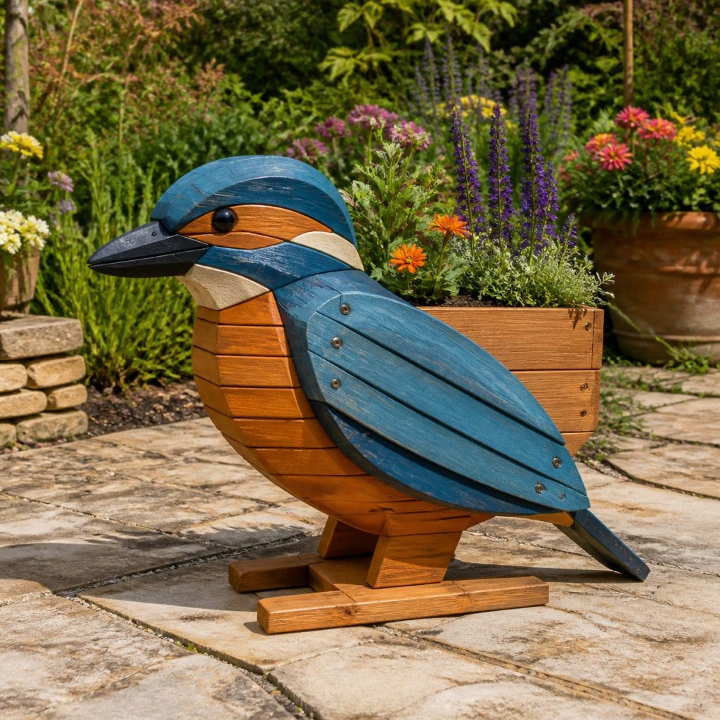 Slatted Herb-Trough Kingfisher shown as a square photorealistic cedar kingfisher-shaped garden planter filled with flowers