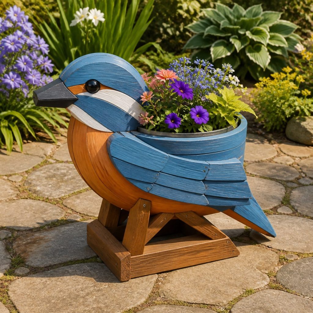 Kingfisher with Galvanized Liner shown as a square photorealistic cedar kingfisher-shaped garden planter filled with flowers