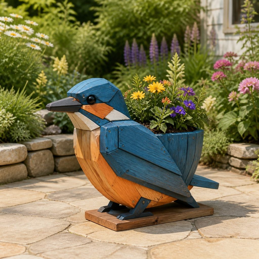 Modern Geometric Kingfisher shown as a square photorealistic cedar kingfisher-shaped garden planter filled with flowers