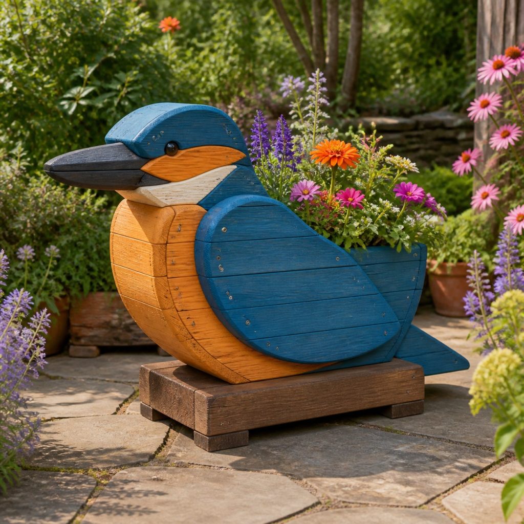 Two-Tone Cedar Kingfisher shown as a square photorealistic cedar kingfisher-shaped garden planter filled with flowers