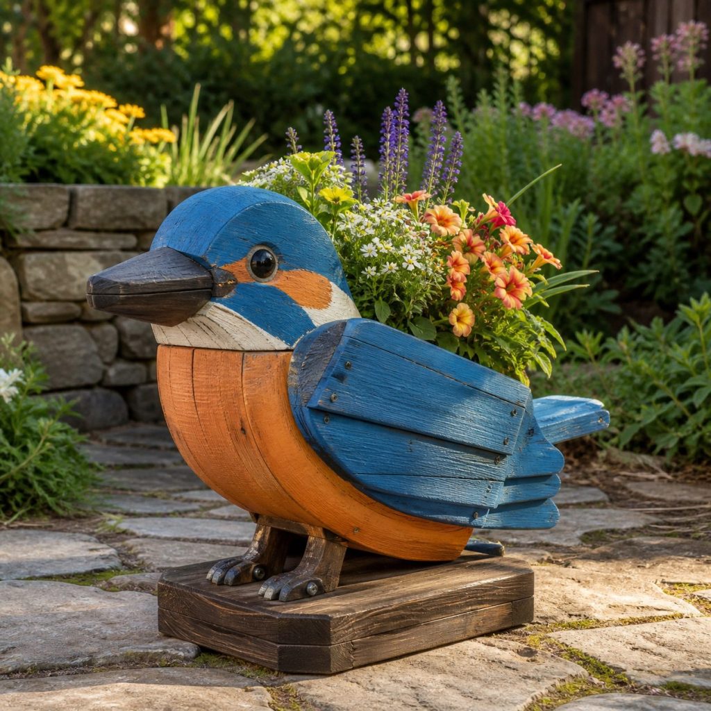 Weathered Cottage Kingfisher shown as a square photorealistic cedar kingfisher-shaped garden planter filled with flowers