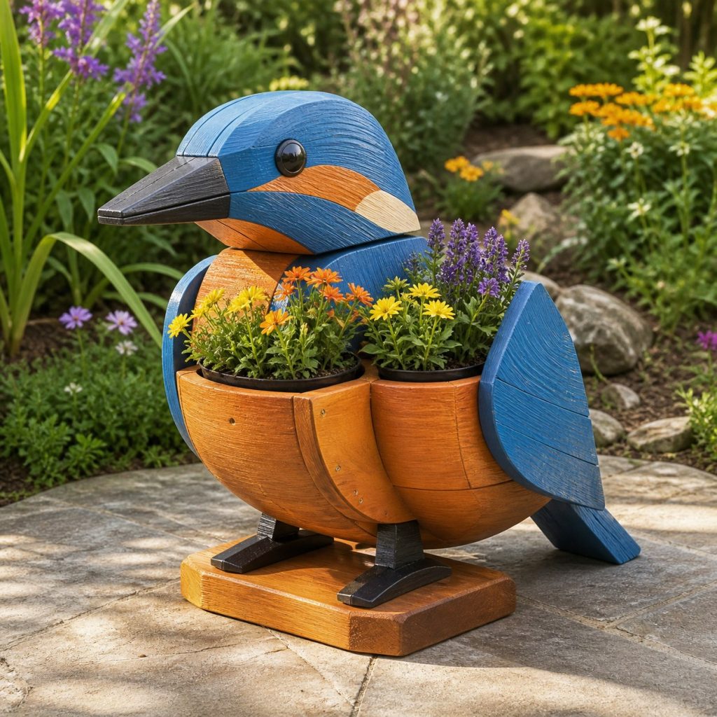 Kingfisher with Twin Flower Pots shown as a square photorealistic cedar kingfisher-shaped garden planter filled with flowers