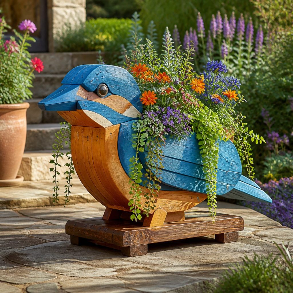 Trailing-Flower Kingfisher shown as a square photorealistic cedar kingfisher-shaped garden planter filled with flowers