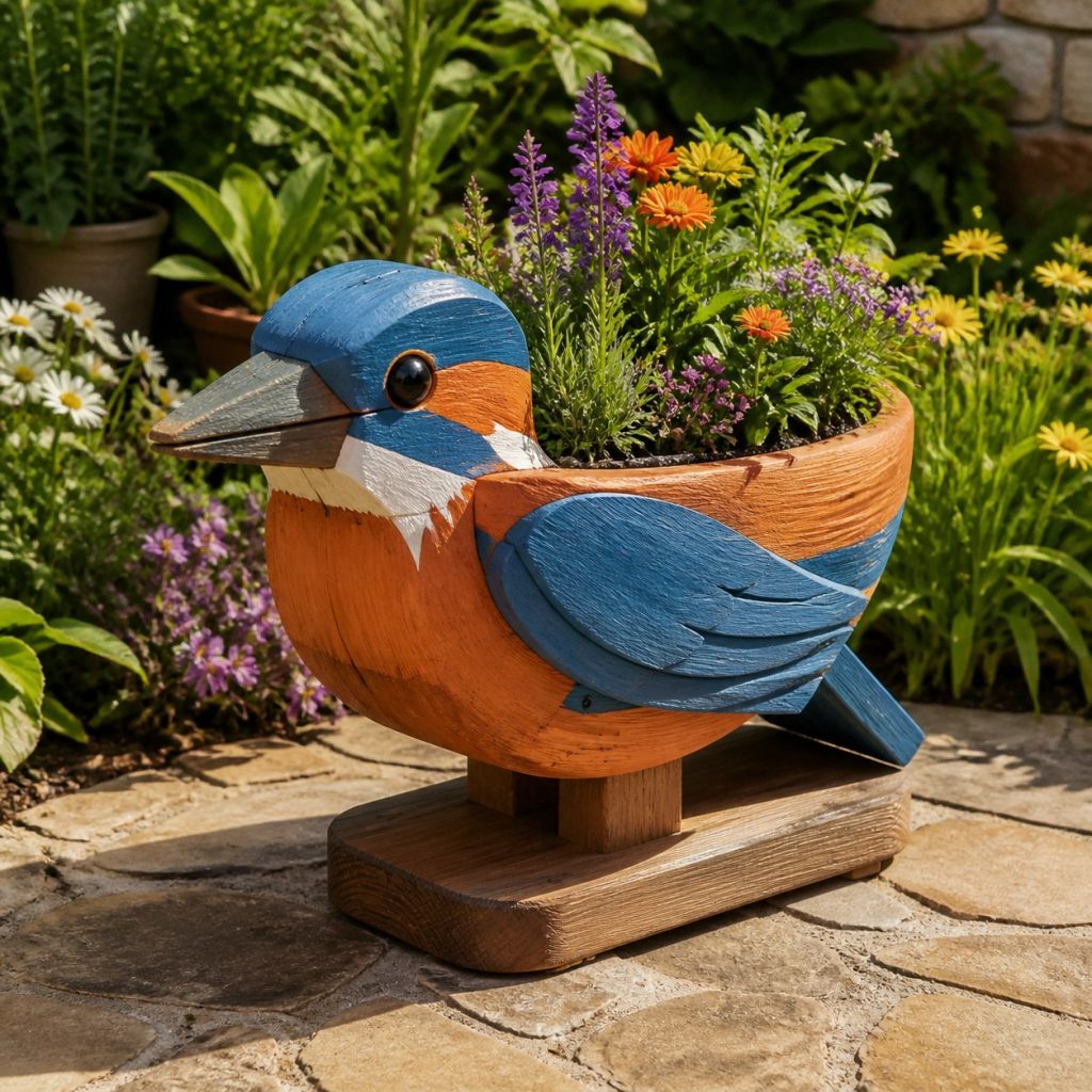 Large Grass-Filled Kingfisher shown as a square photorealistic cedar kingfisher-shaped garden planter filled with flowers