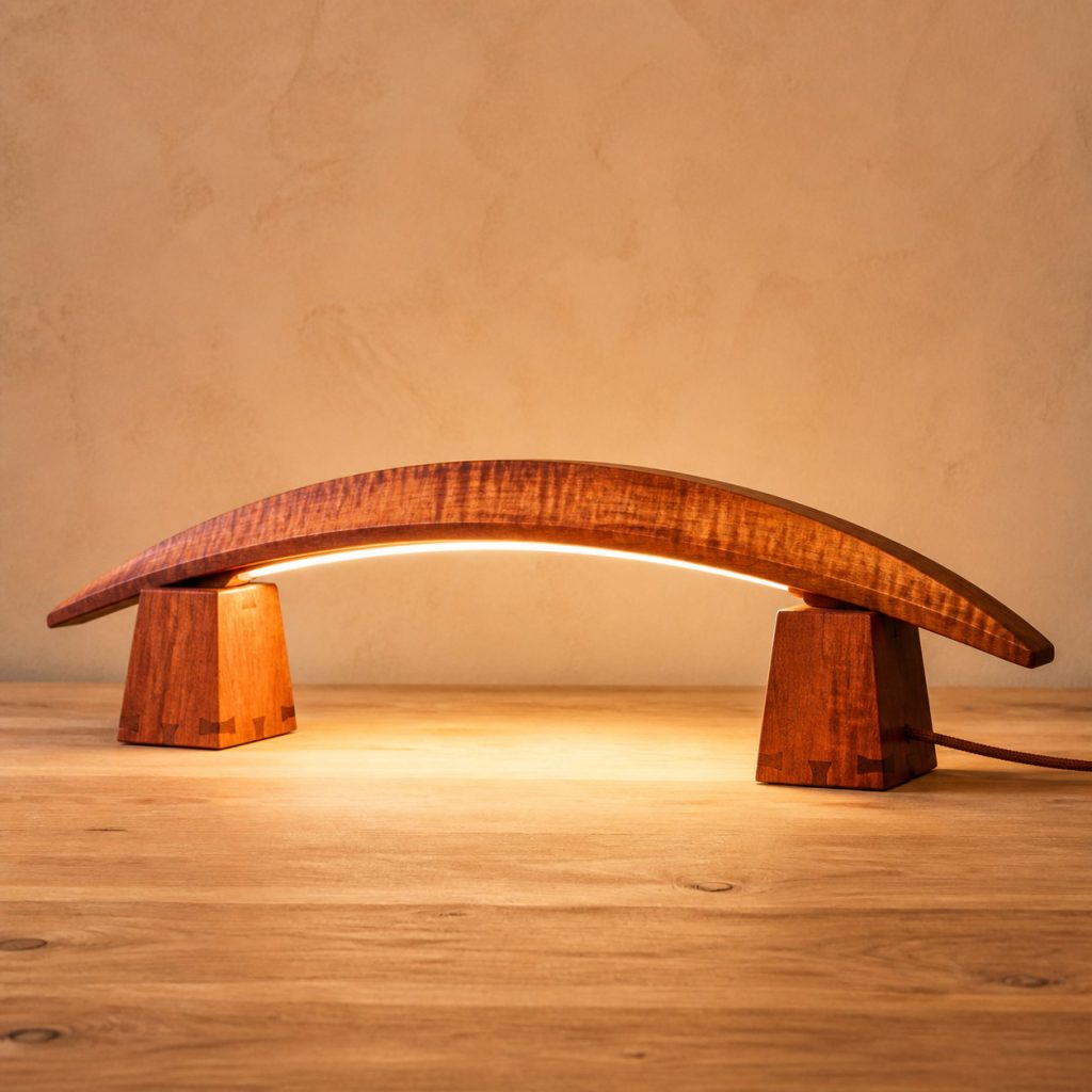 Koa Canoe-Arch Lamp shown as an original square photorealistic koa lamp with natural golden-brown to reddish curly grain, distinctive construction, and warm diffused light