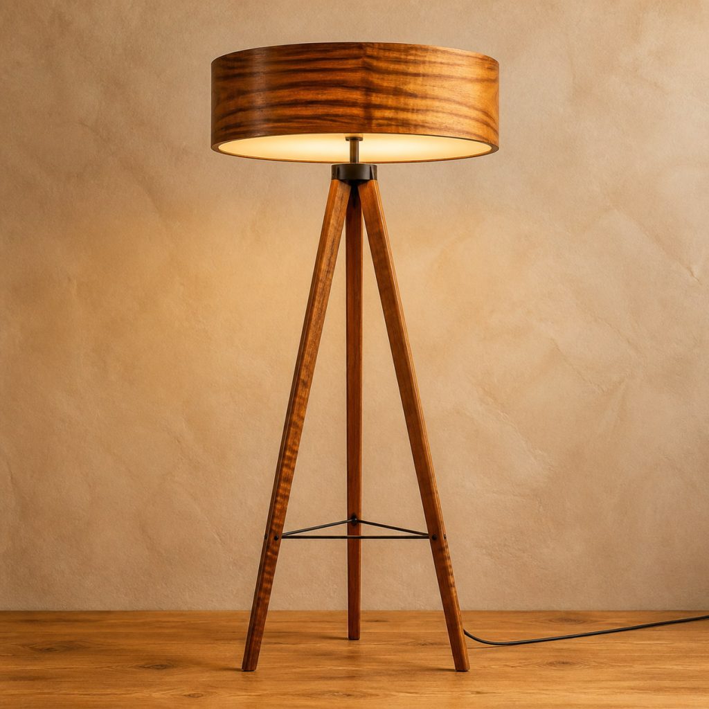 Koa Tripod-Drum Floor Lamp shown as an original square photorealistic koa lamp with natural golden-brown to reddish curly grain, distinctive construction, and warm diffused light
