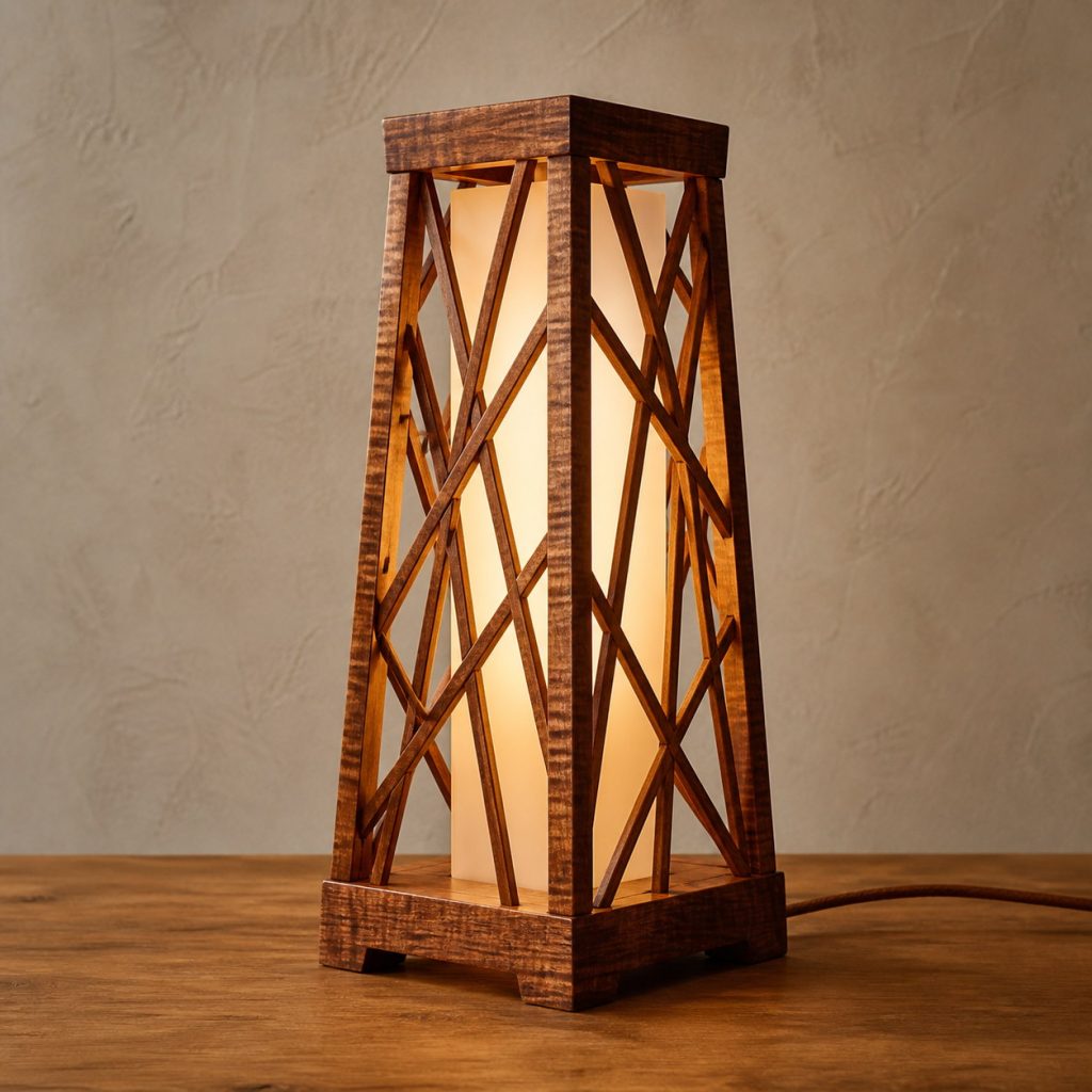 Koa Open-Lattice Tower shown as an original square photorealistic koa lamp with natural golden-brown to reddish curly grain, distinctive construction, and warm diffused light