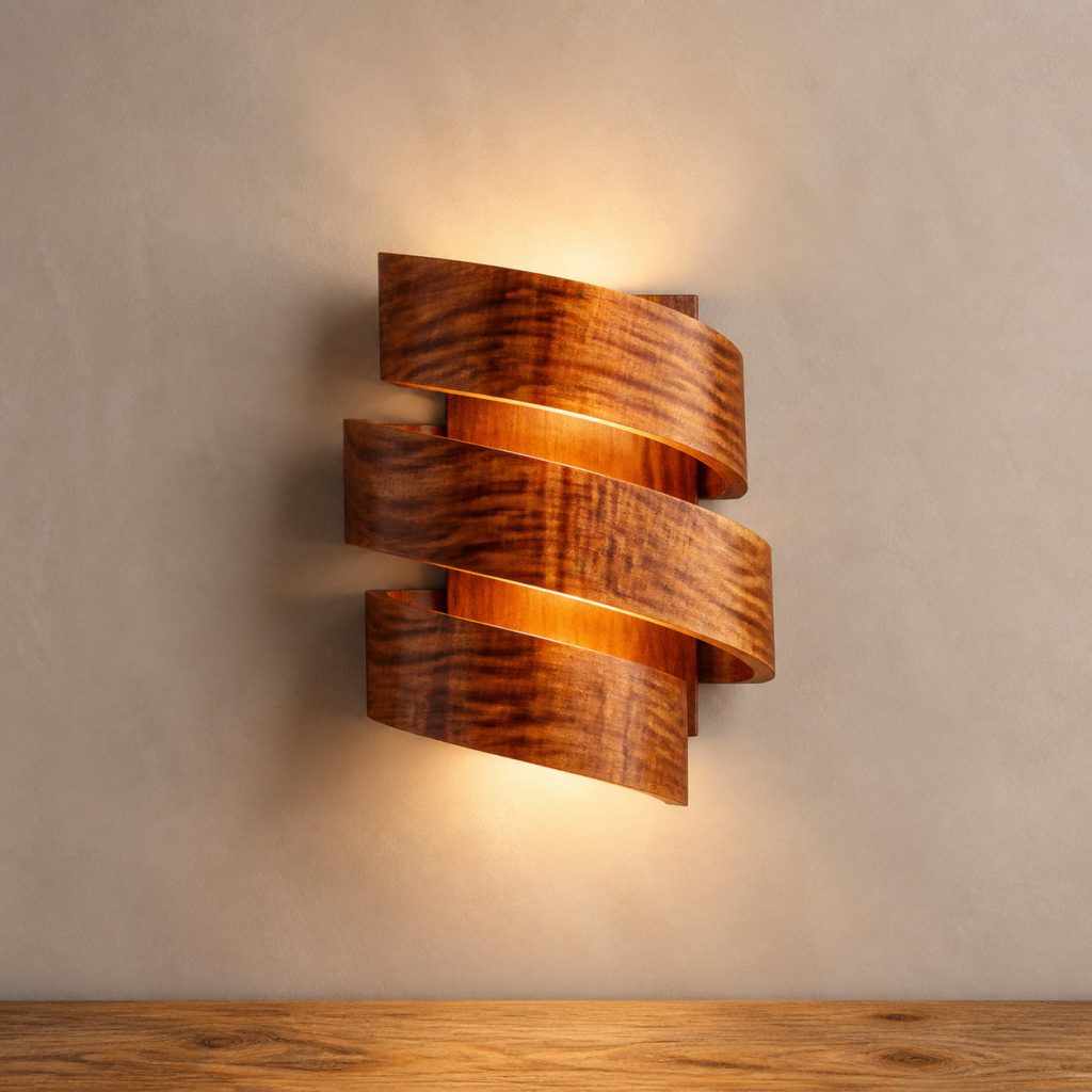 Koa Layered-Curl Sconce shown as an original square photorealistic koa lamp with natural golden-brown to reddish curly grain, distinctive construction, and warm diffused light