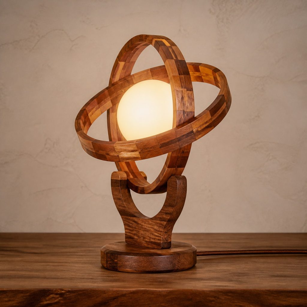 Koa Segmented-Orbit Lamp shown as an original square photorealistic koa lamp with natural golden-brown to reddish curly grain, distinctive construction, and warm diffused light