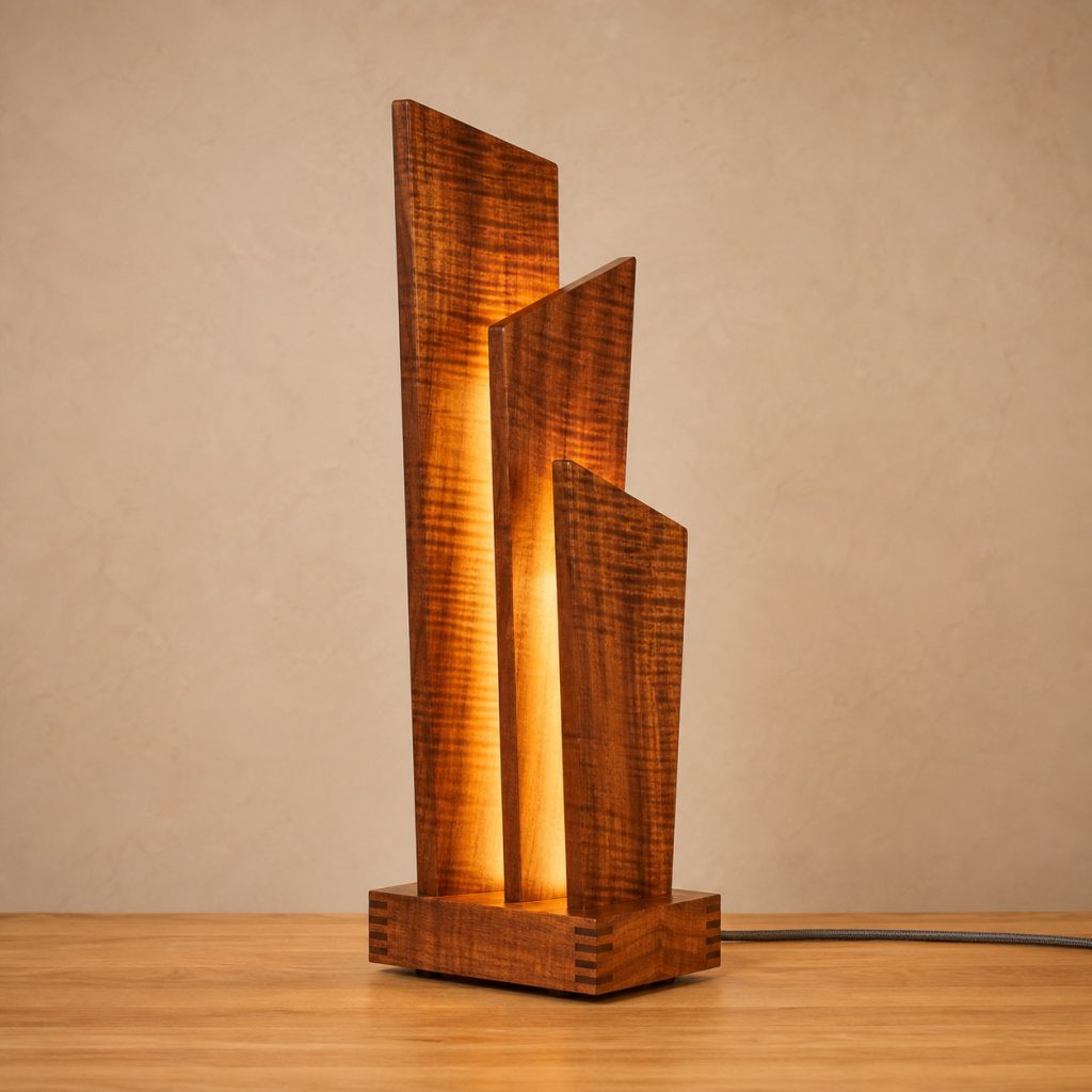 Koa Split-Fin Lamp shown as an original square photorealistic koa lamp with natural golden-brown to reddish curly grain, distinctive construction, and warm diffused light