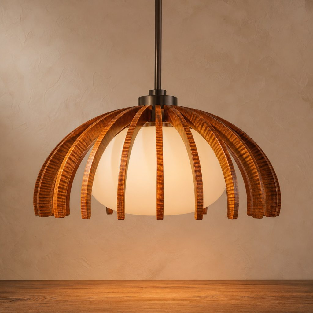 Koa Radial-Dome Pendant shown as an original square photorealistic koa lamp with natural golden-brown to reddish curly grain, distinctive construction, and warm diffused light