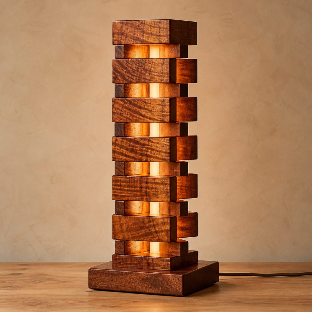 Koa Staggered-Block Tower shown as an original square photorealistic koa lamp with natural golden-brown to reddish curly grain, distinctive construction, and warm diffused light