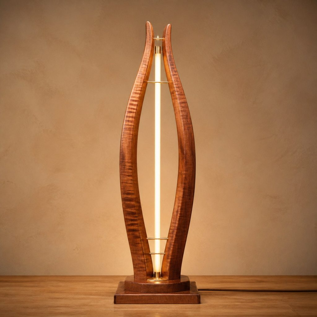 Koa Harp Floor Lamp shown as an original square photorealistic koa lamp with natural golden-brown to reddish curly grain, distinctive construction, and warm diffused light