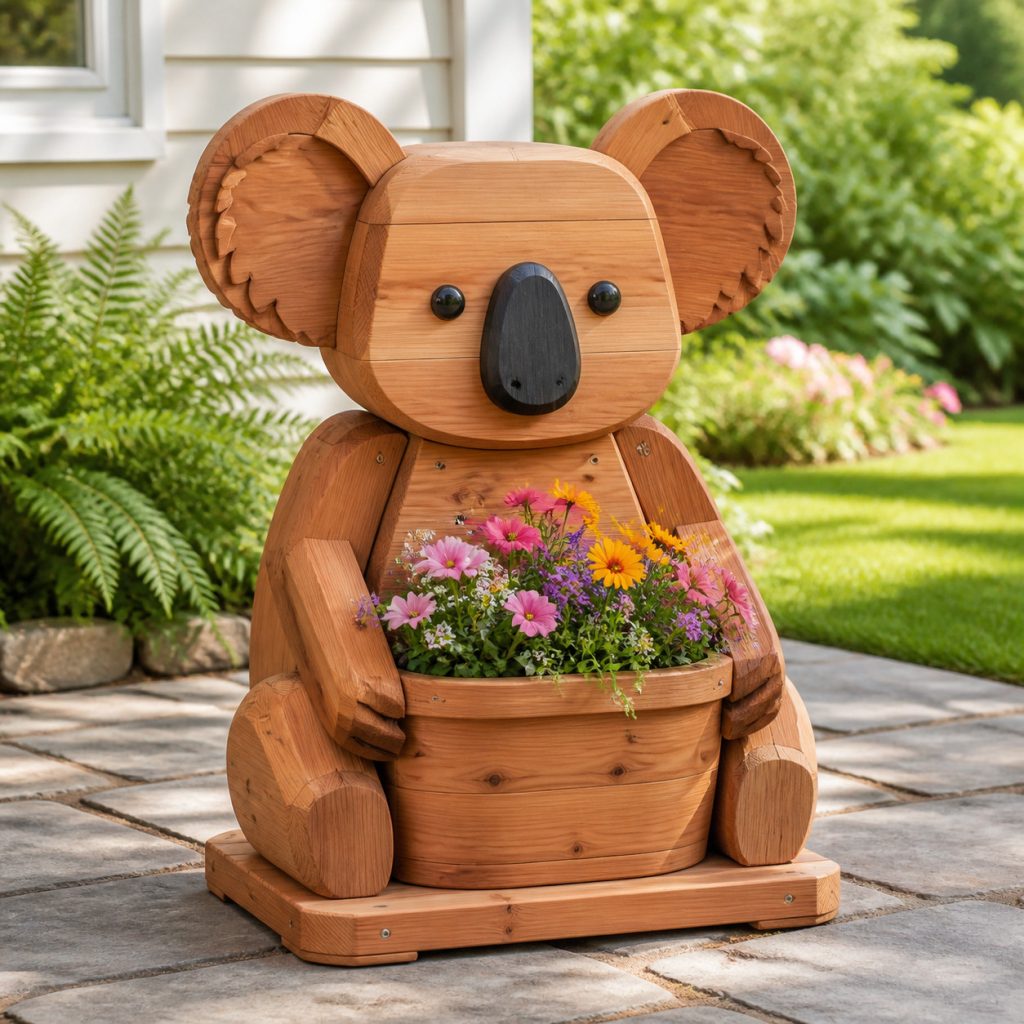 Classic Seated Cedar Koala shown as a square photorealistic cedar garden planter filled with cottage flowers