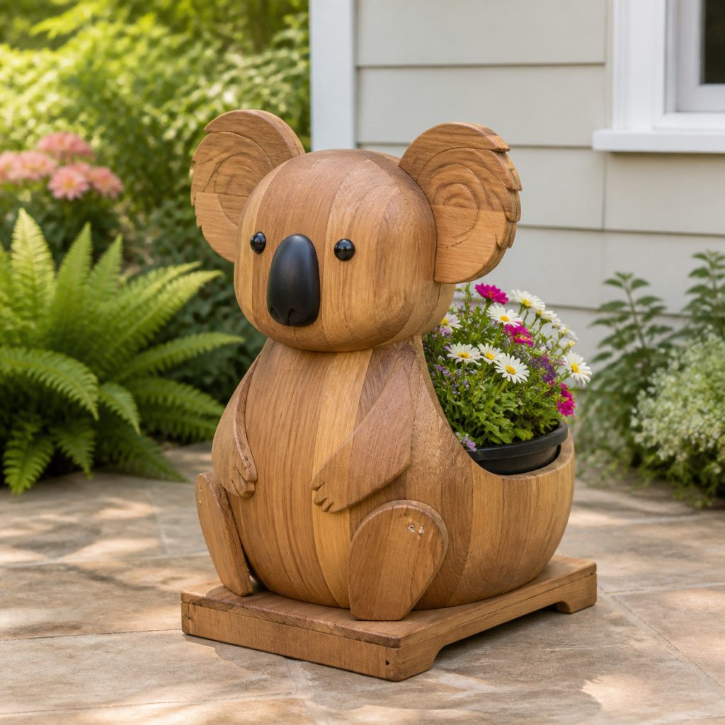 Compact Koala Cub Pot shown as a square photorealistic cedar garden planter filled with cottage flowers