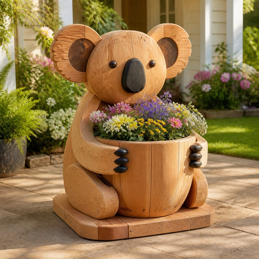 Koala Hugging a Flower Pot shown as a square photorealistic cedar garden planter filled with cottage flowers