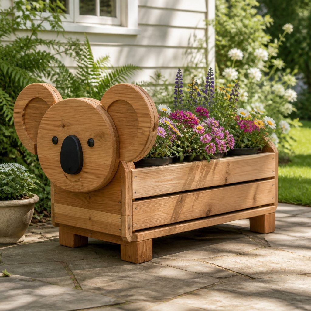 Low Koala Garden Trough shown as a square photorealistic cedar garden planter filled with cottage flowers