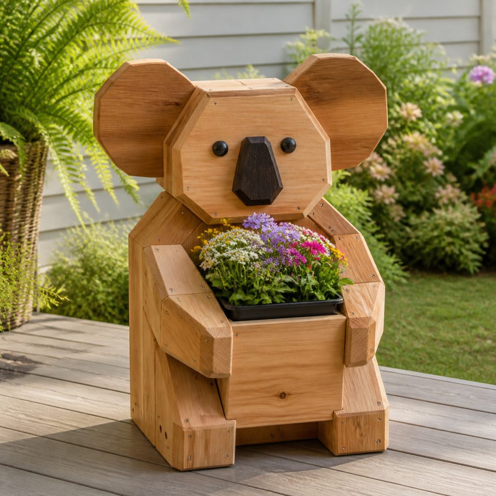 Modern Geometric Koala shown as a square photorealistic cedar garden planter filled with cottage flowers