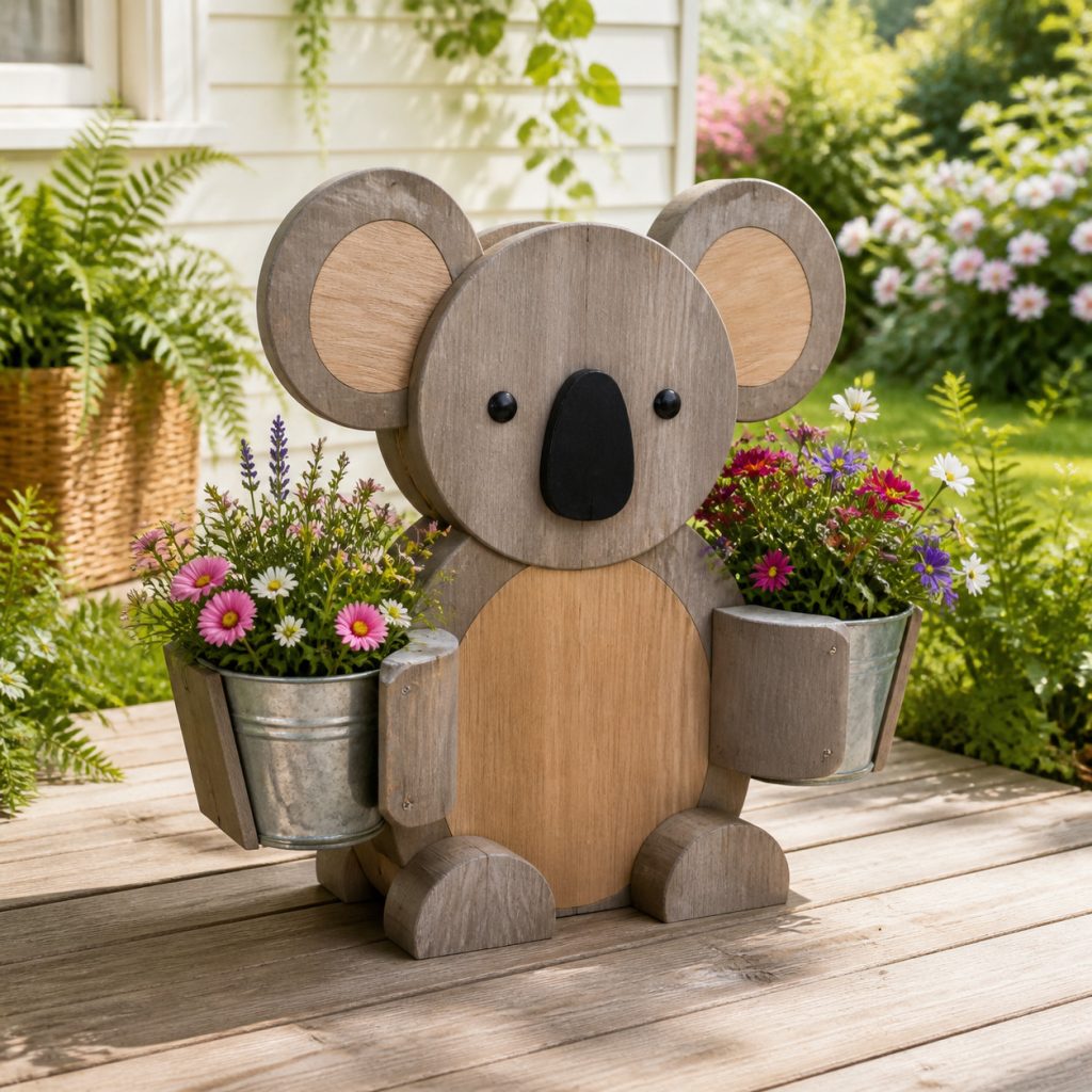 Gray-Washed Cottage Koala shown as a square photorealistic cedar garden planter filled with cottage flowers