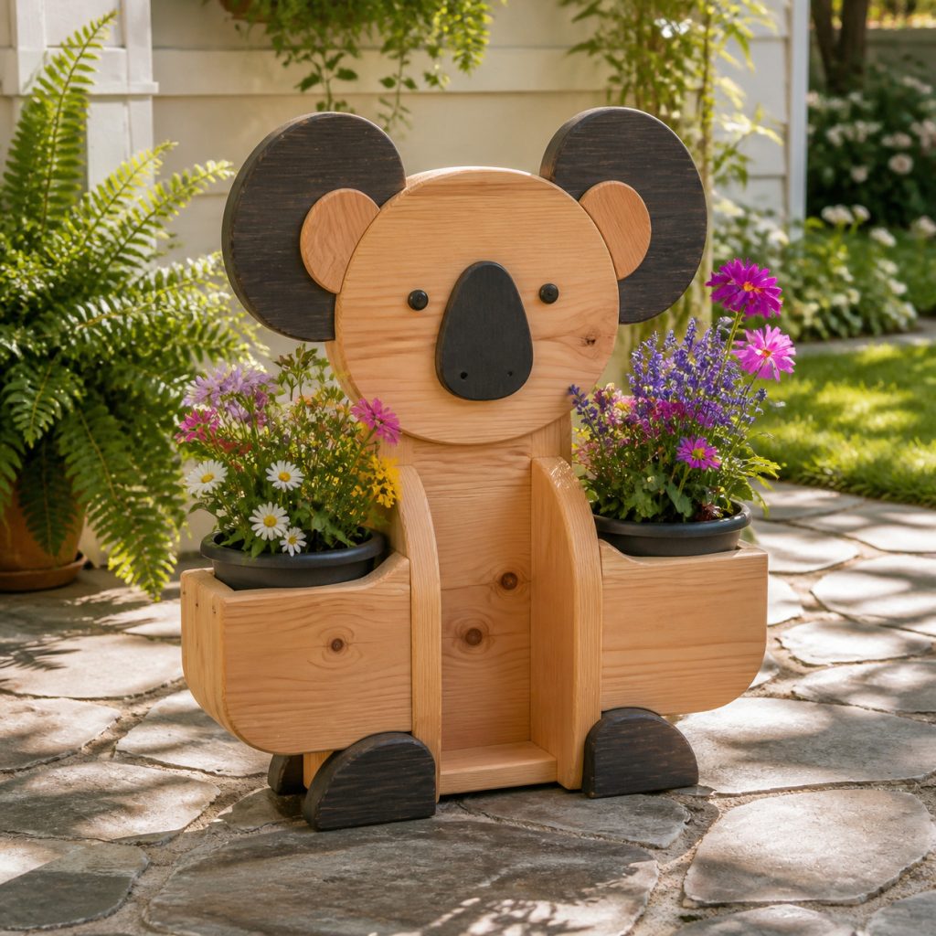 Two-Tone Dark-Nose Koala shown as a square photorealistic cedar garden planter filled with cottage flowers
