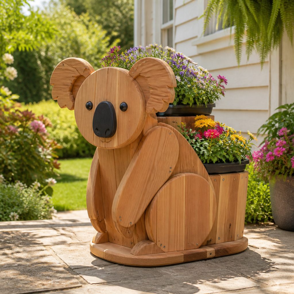 Koala with Twin Flower Pots shown as a square photorealistic cedar garden planter filled with cottage flowers