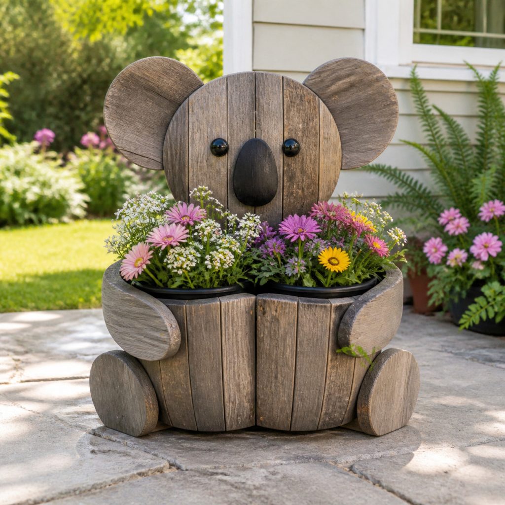 Weathered Patio Koala shown as a square photorealistic cedar garden planter filled with cottage flowers
