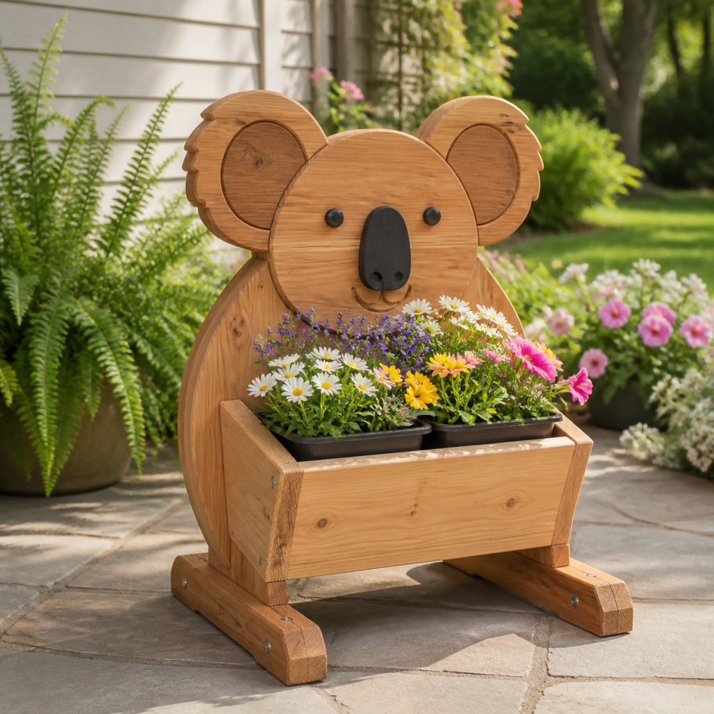 Koala on Broad Base Rails shown as a square photorealistic cedar garden planter filled with cottage flowers