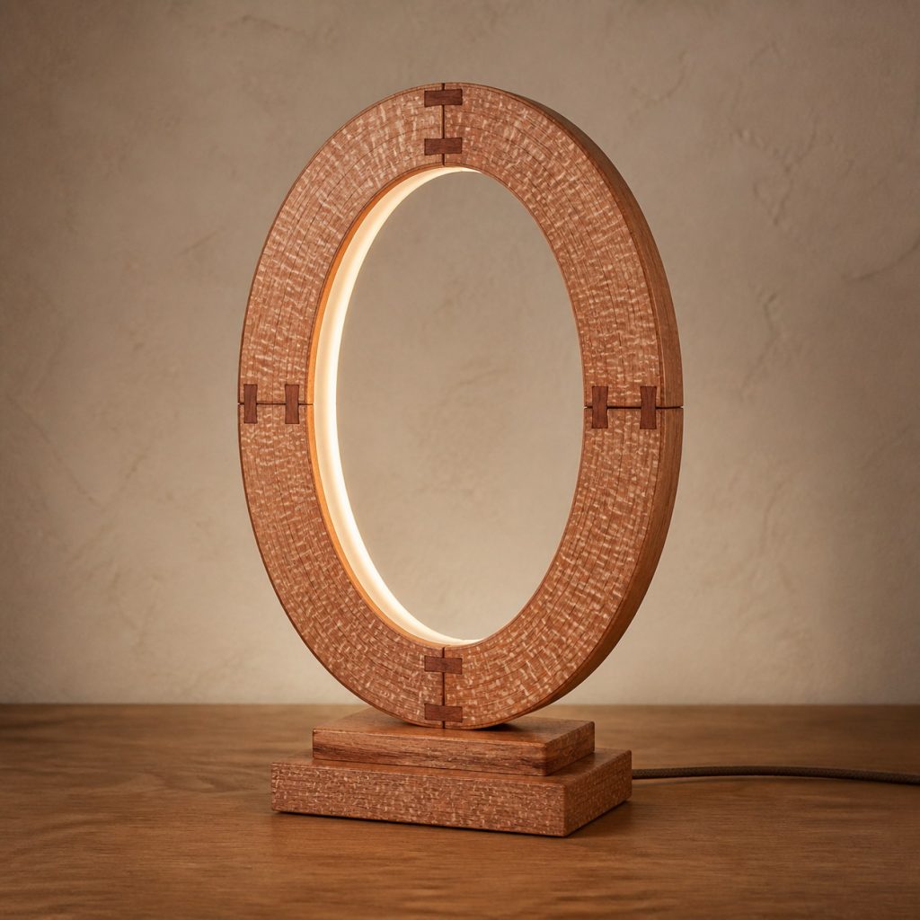 Lacewood Elliptical-Ring Lamp shown as an original square photorealistic lacewood lamp with natural pinkish tan to reddish-brown ray-flecked grain, distinctive construction, and warm diffused light