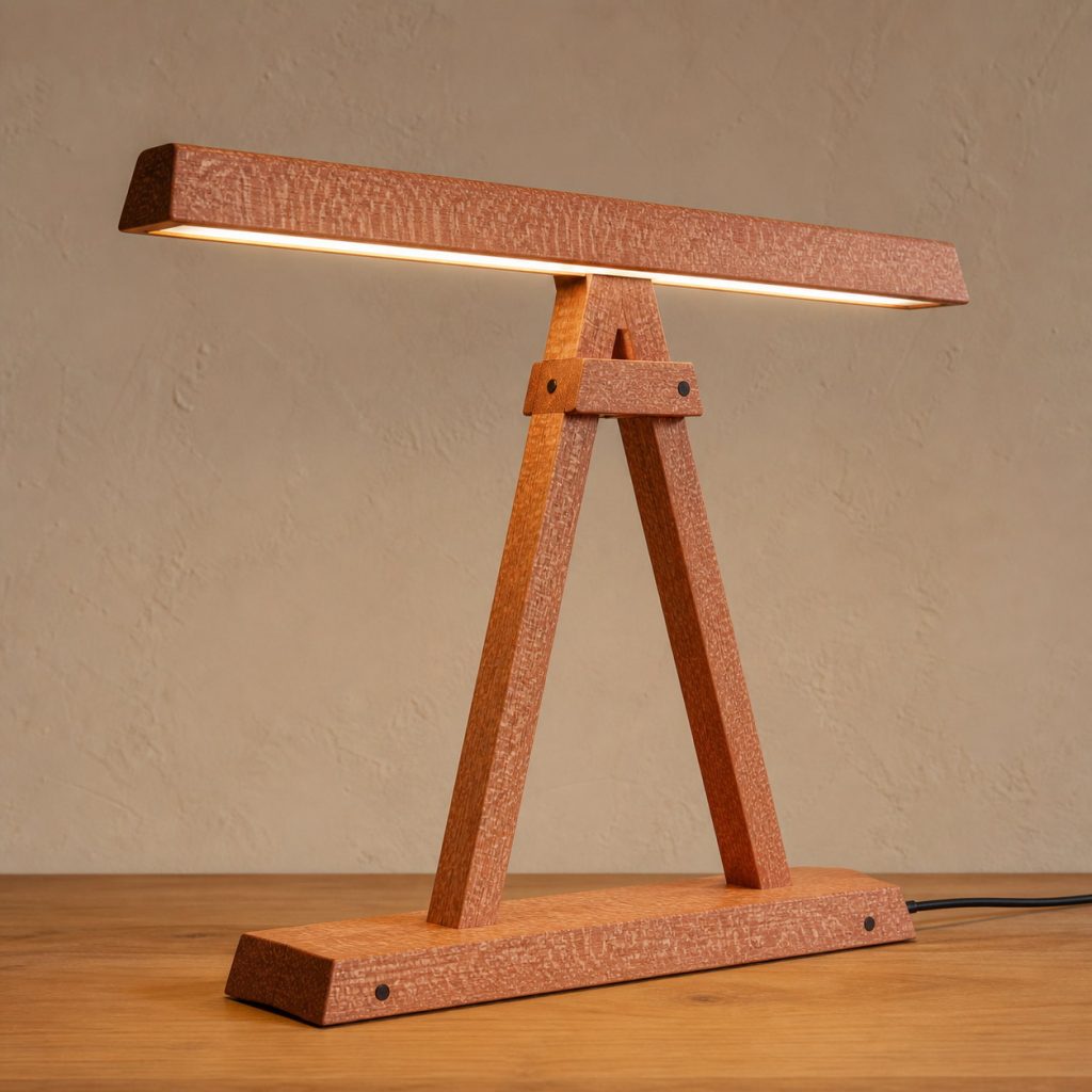 Lacewood Trestle Desk Lamp shown as an original square photorealistic lacewood lamp with natural pinkish tan to reddish-brown ray-flecked grain, distinctive construction, and warm diffused light