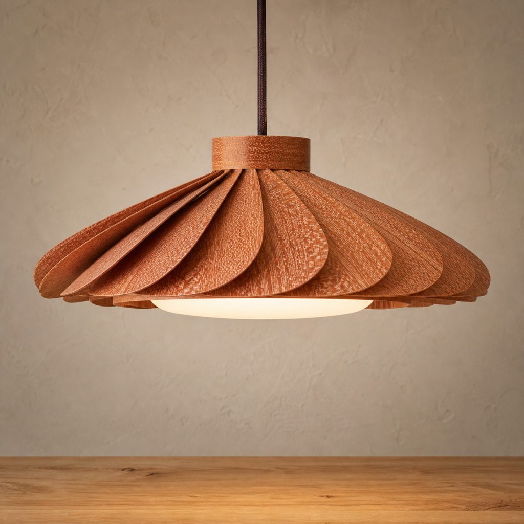 Lacewood Layered-Fan Pendant shown as an original square photorealistic lacewood lamp with natural pinkish tan to reddish-brown ray-flecked grain, distinctive construction, and warm diffused light