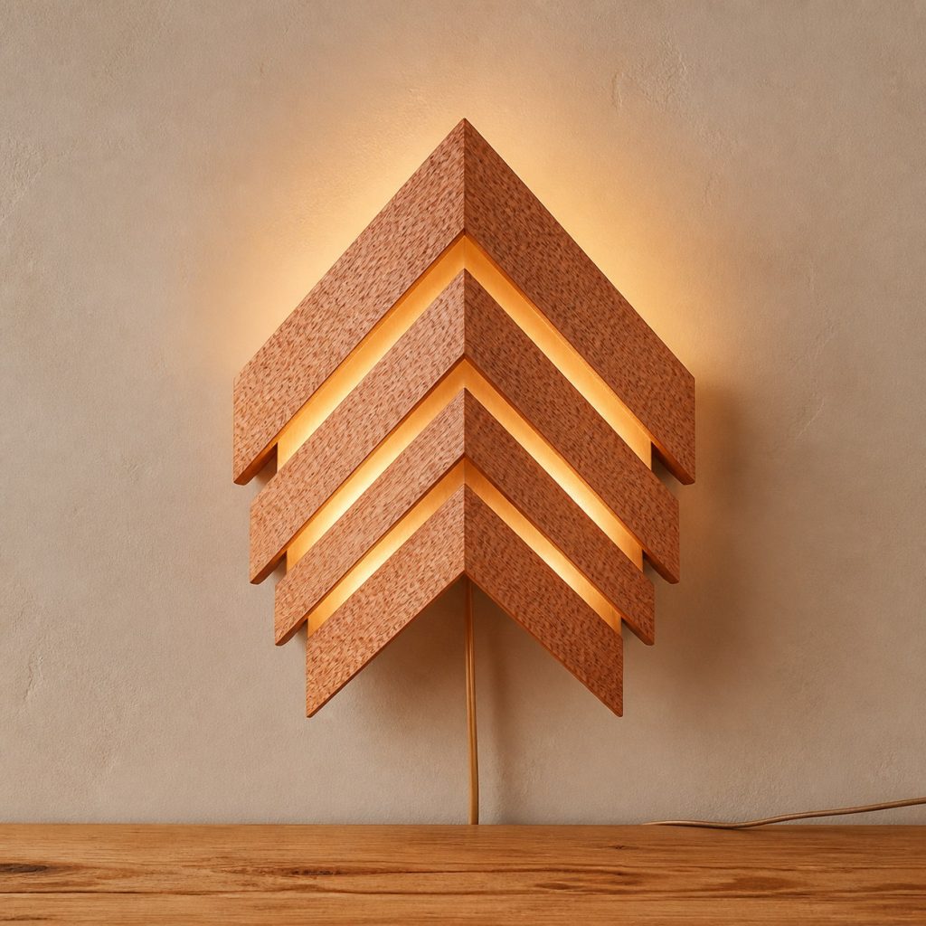 Lacewood Chevron Wall Sconce shown as an original square photorealistic lacewood lamp with natural pinkish tan to reddish-brown ray-flecked grain, distinctive construction, and warm diffused light