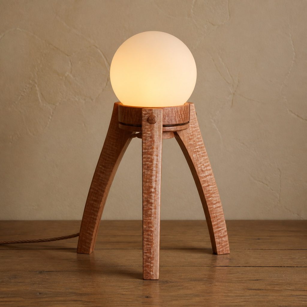 Lacewood Tripod-Orb Lamp shown as an original square photorealistic lacewood lamp with natural pinkish tan to reddish-brown ray-flecked grain, distinctive construction, and warm diffused light