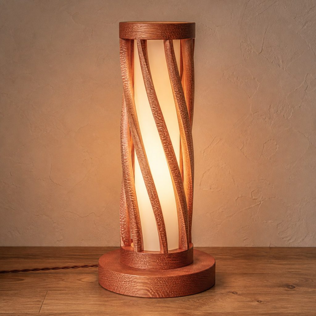 Lacewood Spiral-Vane Tower shown as an original square photorealistic lacewood lamp with natural pinkish tan to reddish-brown ray-flecked grain, distinctive construction, and warm diffused light