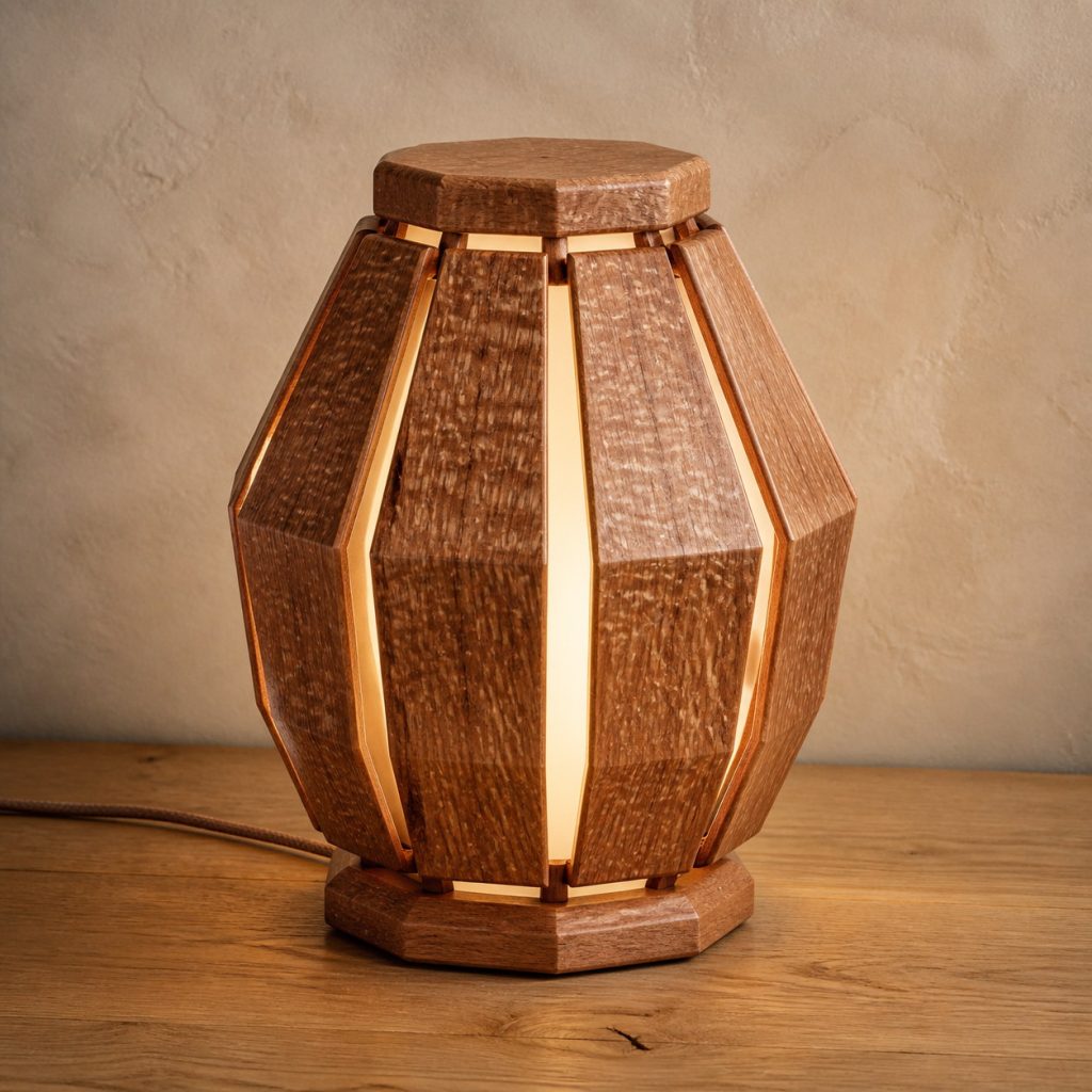 Lacewood Faceted-Pod Lamp shown as an original square photorealistic lacewood lamp with natural pinkish tan to reddish-brown ray-flecked grain, distinctive construction, and warm diffused light