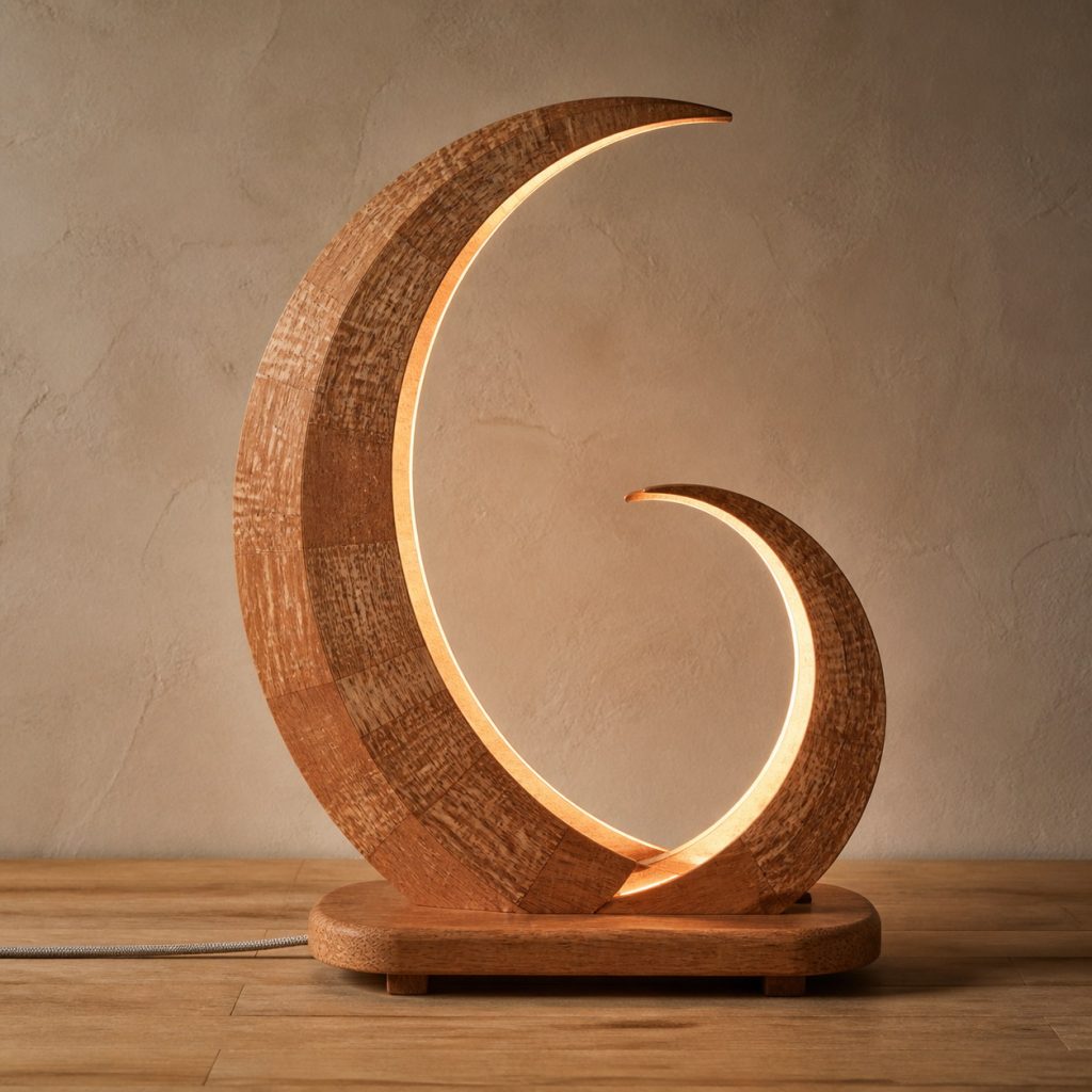 Lacewood Double-Crescent Lamp shown as an original square photorealistic lacewood lamp with natural pinkish tan to reddish-brown ray-flecked grain, distinctive construction, and warm diffused light
