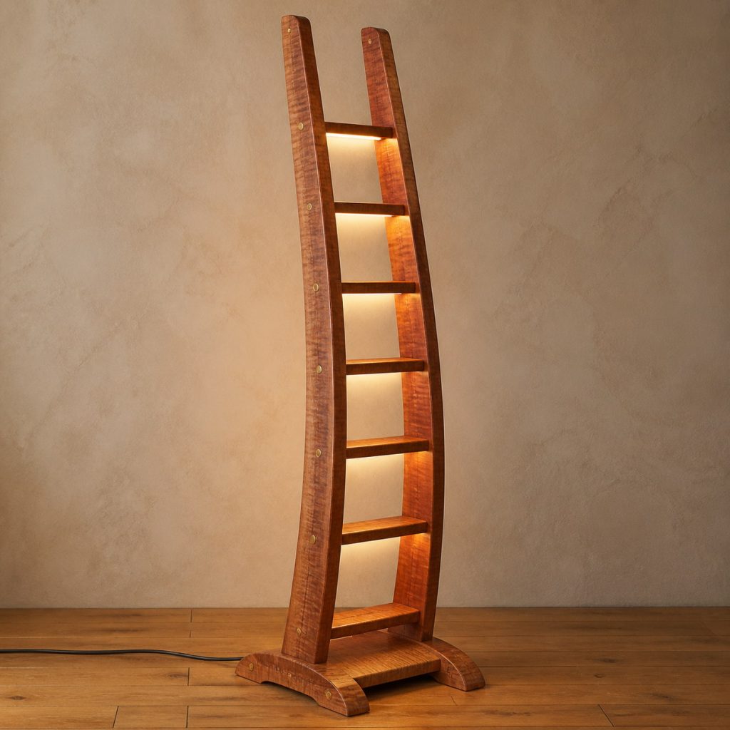 Lacewood Ladder Floor Lamp shown as an original square photorealistic lacewood lamp with natural pinkish tan to reddish-brown ray-flecked grain, distinctive construction, and warm diffused light