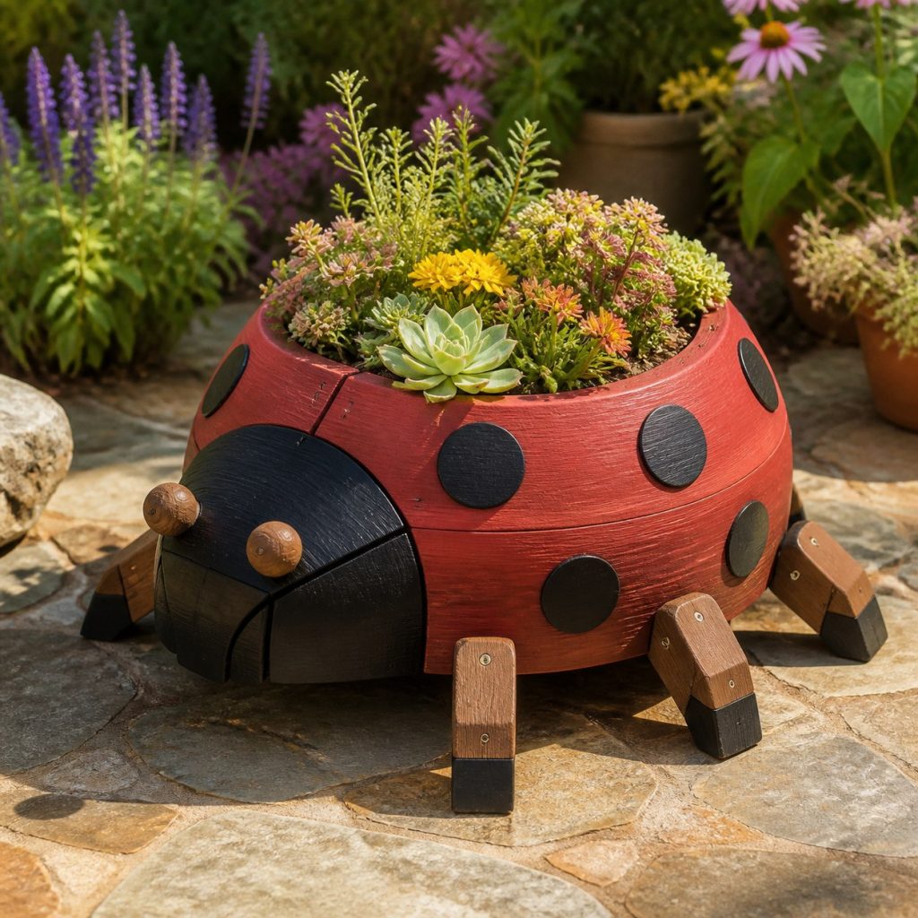Compact Succulent Ladybug shown as a square photorealistic cedar ladybug-shaped garden planter filled with flowers