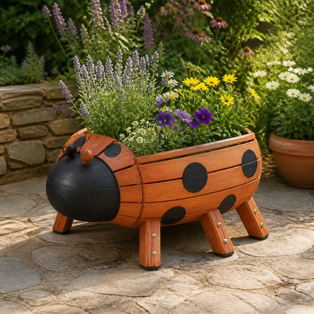 Slatted Herb-Trough Ladybug shown as a square photorealistic cedar ladybug-shaped garden planter filled with flowers