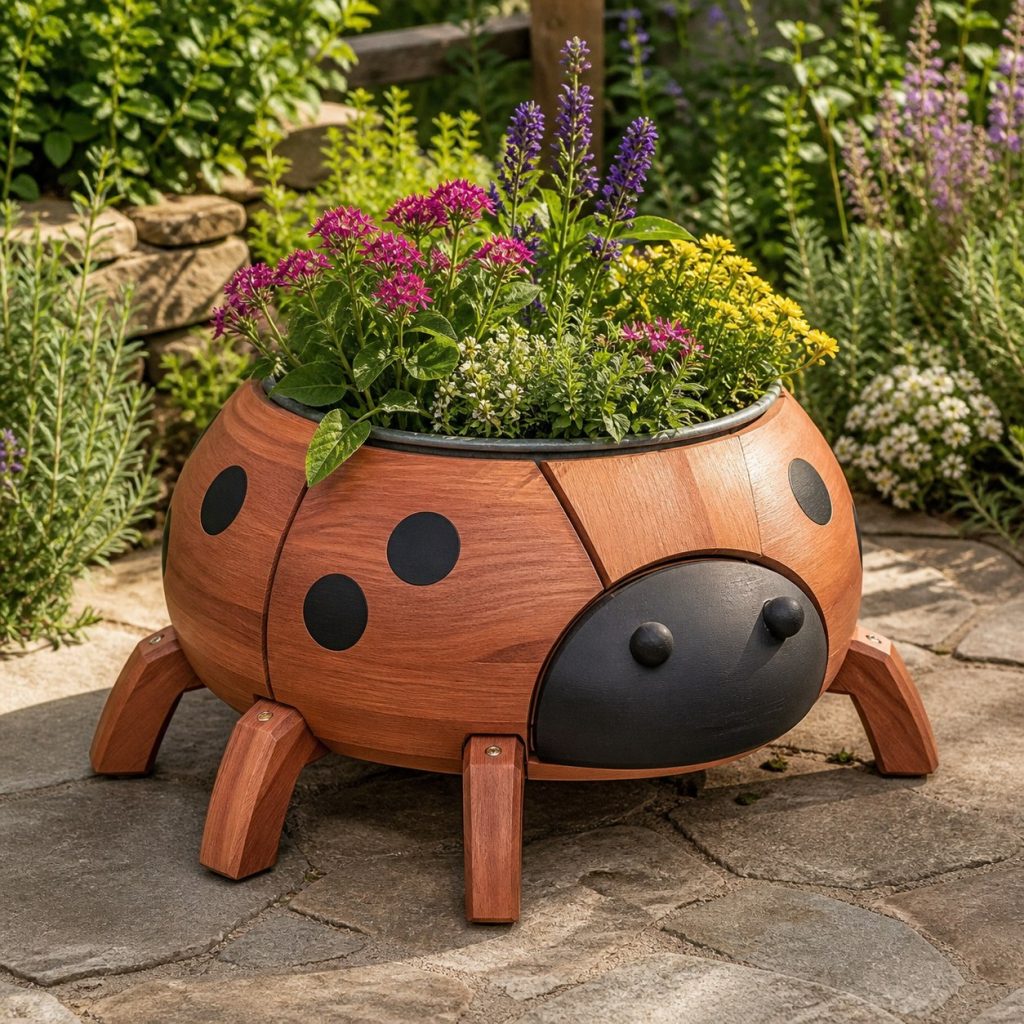 Ladybug with Galvanized Liner shown as a square photorealistic cedar ladybug-shaped garden planter filled with flowers