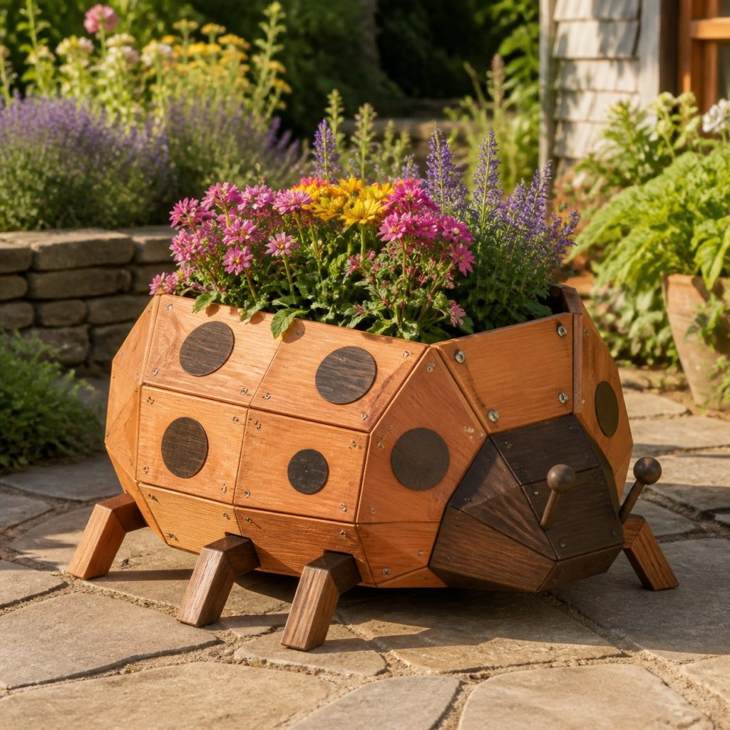 Modern Geometric Ladybug shown as a square photorealistic cedar ladybug-shaped garden planter filled with flowers
