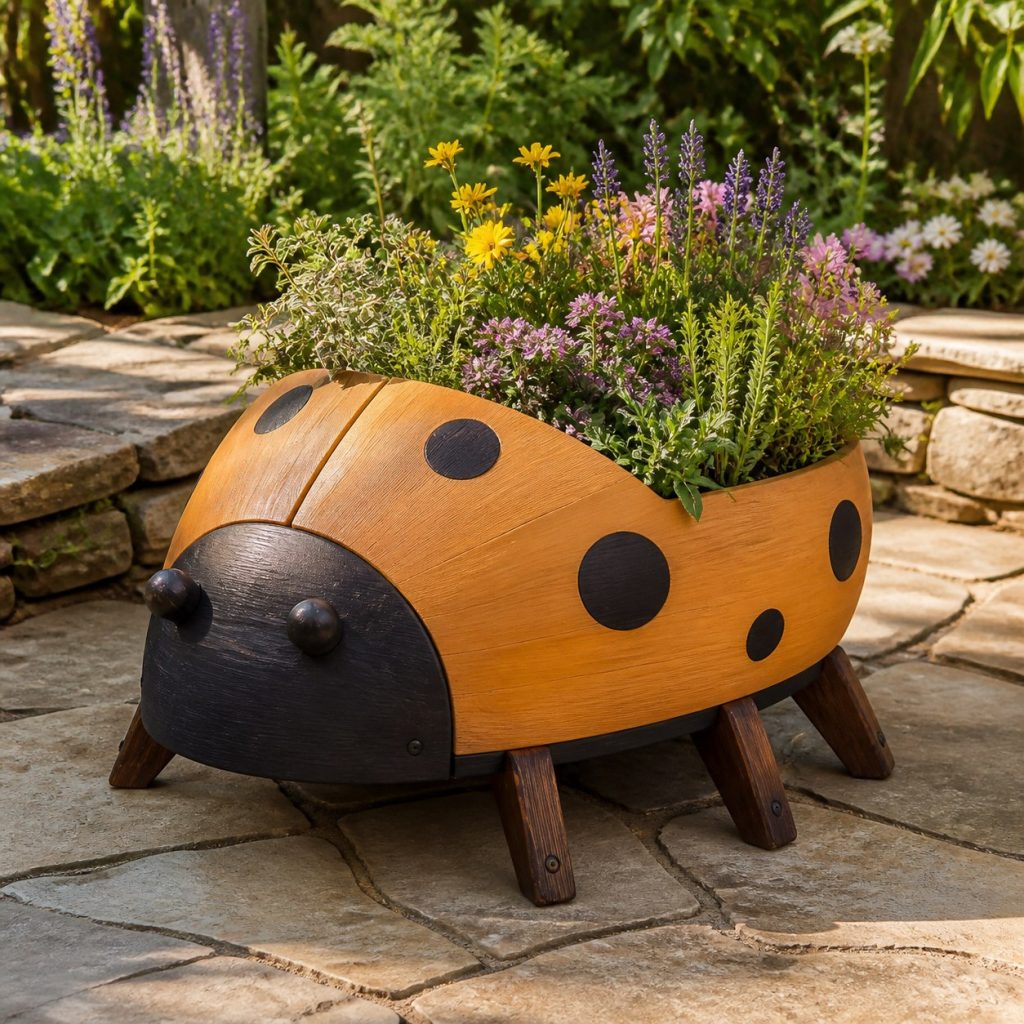Two-Tone Cedar Ladybug shown as a square photorealistic cedar ladybug-shaped garden planter filled with flowers