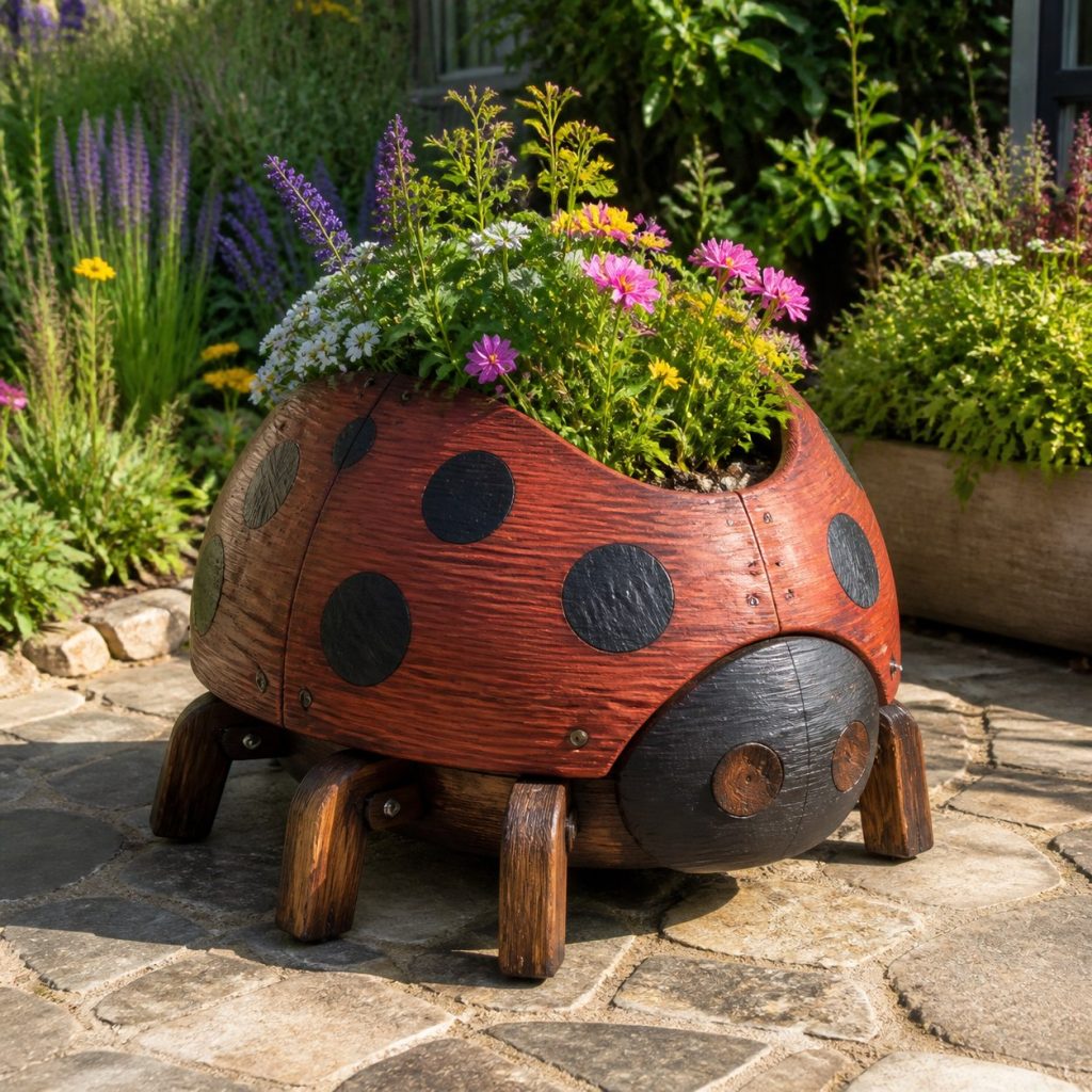 Weathered Cottage Ladybug shown as a square photorealistic cedar ladybug-shaped garden planter filled with flowers
