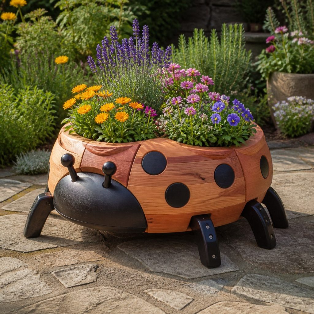 Ladybug with Twin Flower Pots shown as a square photorealistic cedar ladybug-shaped garden planter filled with flowers