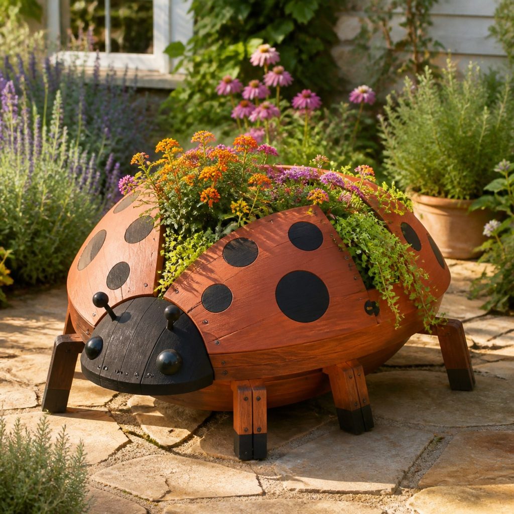 Trailing-Flower Ladybug shown as a square photorealistic cedar ladybug-shaped garden planter filled with flowers
