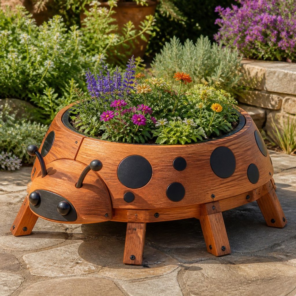 Large Grass-Filled Ladybug shown as a square photorealistic cedar ladybug-shaped garden planter filled with flowers