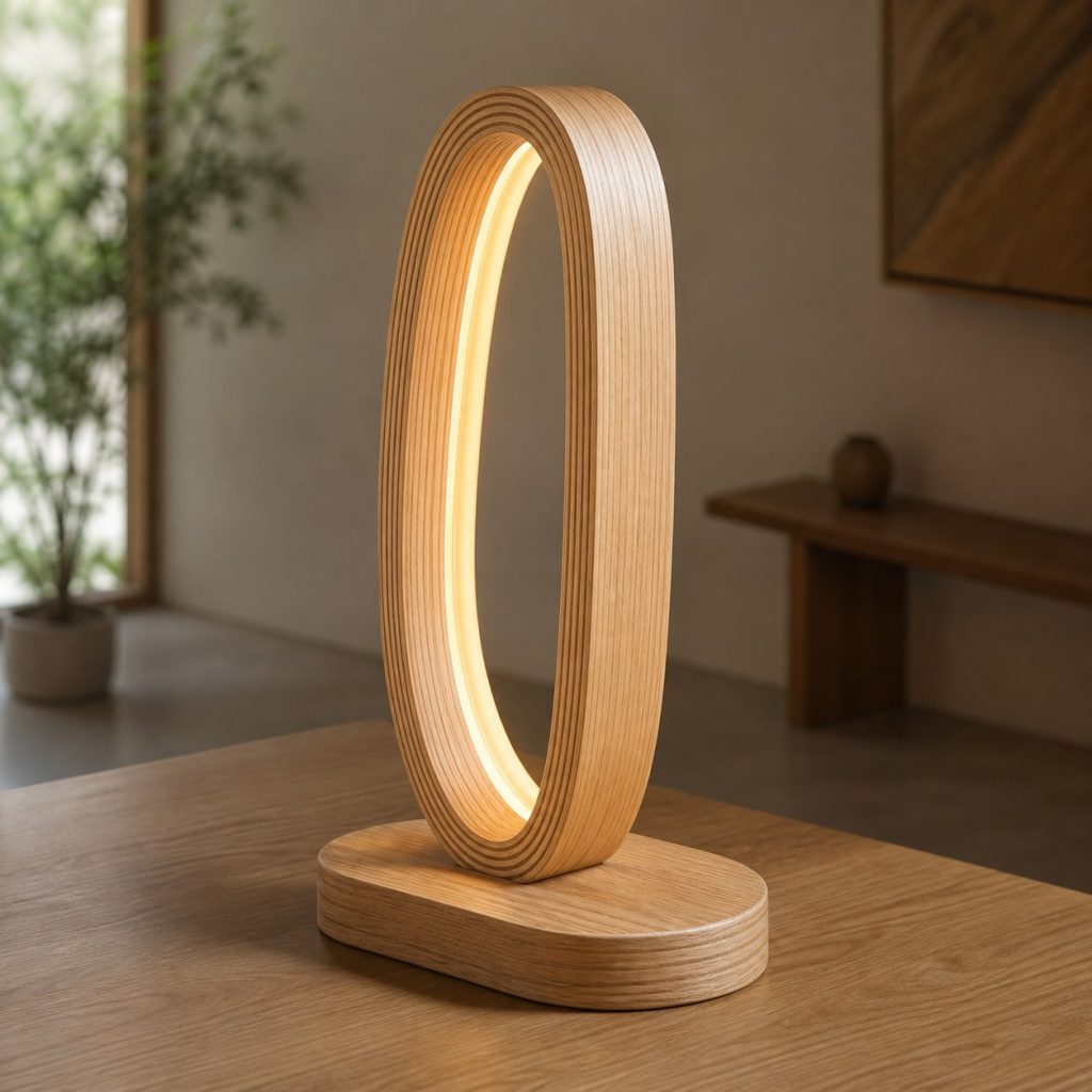 Laminated Ash Loop Lamp shown as an original square photorealistic laminated wood lamp dominated by authentic wood texture and warm diffused light